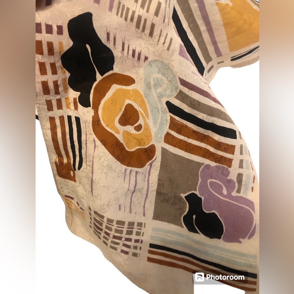 Vintage Women’s Silk Scarf, Flower and Geo Pattern, Pastel & Neutral Colors